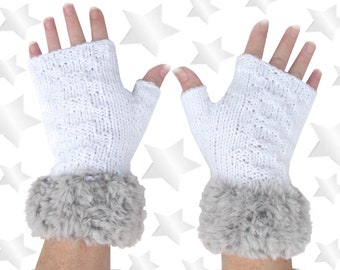 Handschuhe *Weiß Grau* Fingerlos handgestrickt