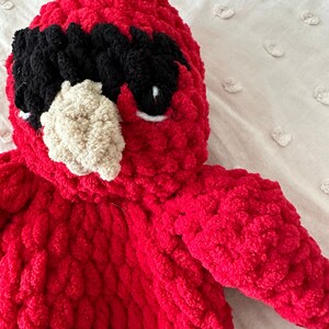 May include: A red crocheted cardinal plush toy with black felt eyes and a beige felt beak. The cardinal is wearing black felt sunglasses.