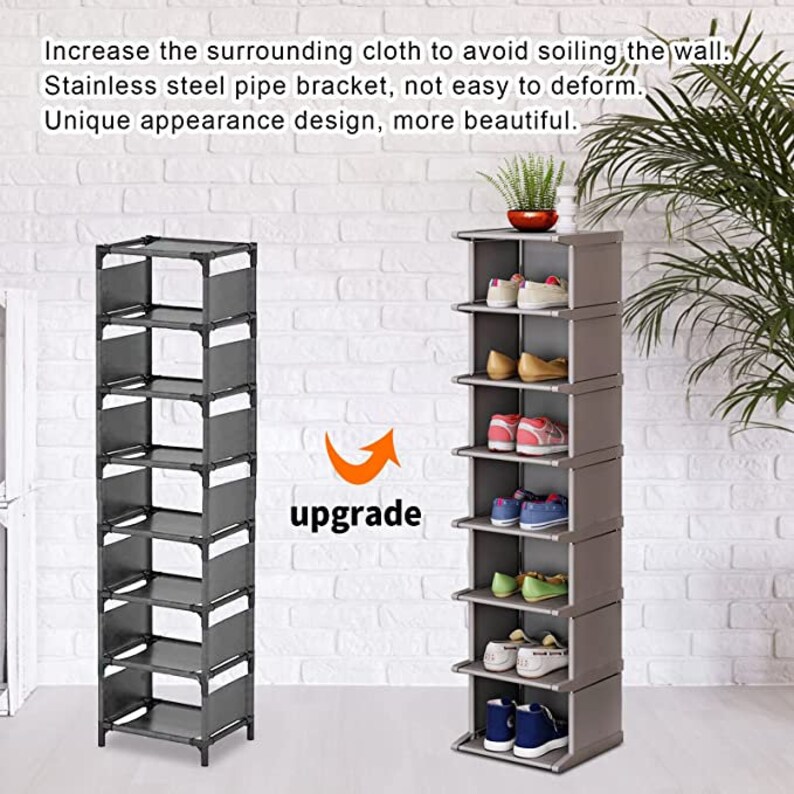 8 Tiers Shoe Rack Vertical Narrow Shoe Shelf Storage Organizer Sturdy Space Saving Shoe Rack for