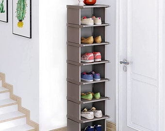 10-Tier Vertical Shoe Rack Corner Shoe Tower, Slim Shoe Organizer W/2  Hanging Hooks, Wooden Shoe Storage Stand for Entryway Hallway Closet, Black