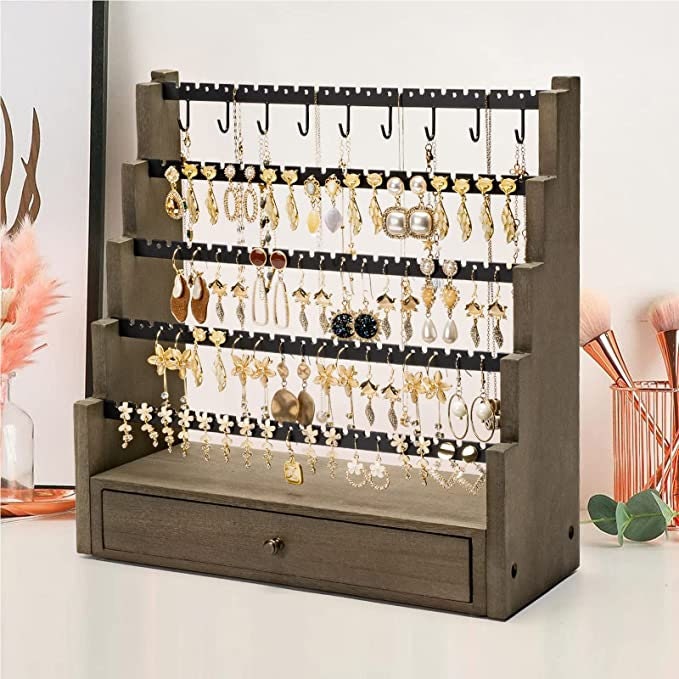 Earring Organizer, 5 Layer Earring Holder Organizer with Metal Necklace  Black