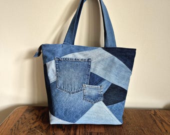Denim shoulder bag, upcycling style, patchwork bag zippered bag