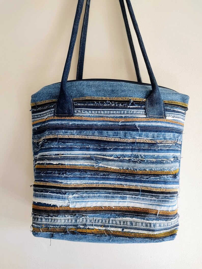 Denim Shoulder Bag Patchwork Denim Bag Zippered Bag - Etsy