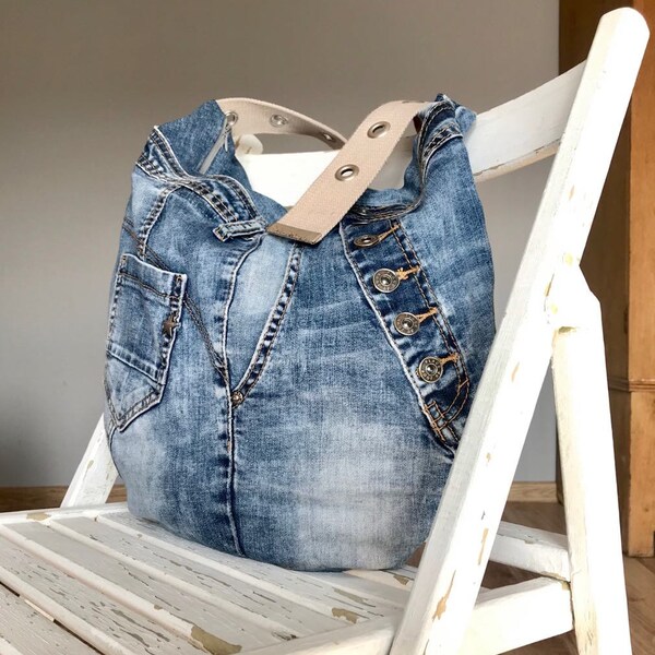 Recycelten Jeans Tasche handgefertigt große Umhängetasche im Upcycling-Stil