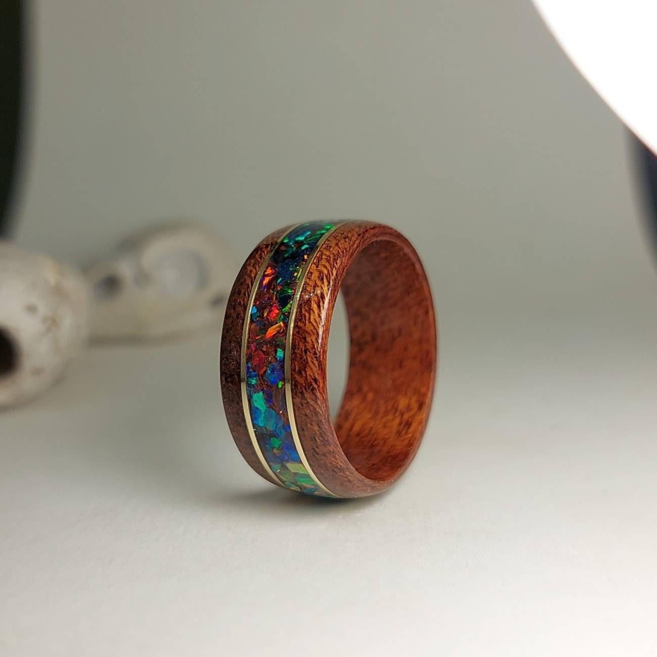 Bentwood Ring, Prism Rosewood Wooden Ring with Ethiopian Fire Opal -  Bentwood Jewelry Designs - Custom Handcrafted Bentwood Wood Rings