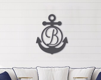 MONOGRAM ANCHOR SIGN- Nautical Decor- Anchor Door Hanger- Wood Anchor Wall Monogram- Anchor font#2 - Family room- Gift-feather & birch
