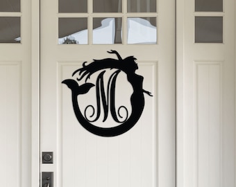 Mermaid Monogram- Wooden Monogram decoration-Personalized custom wall hanging-Nursery Monogram-Under the Sea-feather & Birch-door hanger