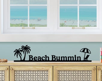 BEACH BUMMIN WOOD Sign- Window sign- Mantel Sign-kids room- Livingroom- Girls room- Boho Sign- beach decor-feather and birch- Beach Sign