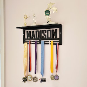 Custom Name Medal Hanger and Trophy Shelf-Wood Medal Holder Custom Text-8 Rungs for Medals & Ribbons Medal Hanger- Medal Display Award Rack.