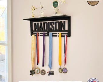Custom Name Medal Hanger and Trophy Shelf-Wood Medal Holder Custom -8 Rungs for Medals & Ribbons- Wood Medal Shelf-Medal Display Award Rack.
