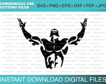 May include: Black and white silhouette of a muscular figure with arms raised in a triumphant pose. The figure is depicted in a classic bodybuilding stance, showcasing defined muscles and a strong physique.