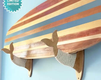Surfboard Wall Mount Rack- Wood Surfboard Rack- Surfboard Decor- Surfboard Rack Mermaid - Surfboard Rack Mount- Longboard Hook Rack Mount