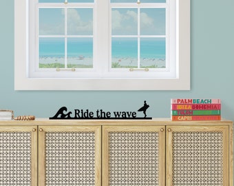 RIDE THE WAVE Sign- Window sign- Mantel Sign- Bedroom-Livingroom-Kitchen sign-Boho Sign-House Decor-feather and birch-Beach Sign-Surfer sign