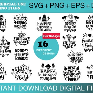 Happy Birthday SVG Bundle, Birthday Svg, Birthday Girl Svg, Birthday Shirt Svg, Family Shirt Svg, Hand-lettered Design, Cut files Cricut