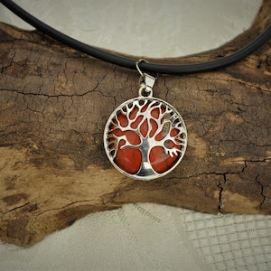 Tree of Life Sacral Chakra Crystal Pendant Necklace, Gemstone Carnelian, Silver Pendant with Black Leather Cord Necklace, Gemstone jewellery