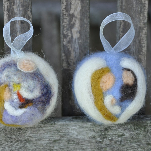 Set 2 of Needle Felted Nativity Christmas Ball, Christmas Bauble with a girl handed candle, Christmas tree toy decoration, needle felt toy