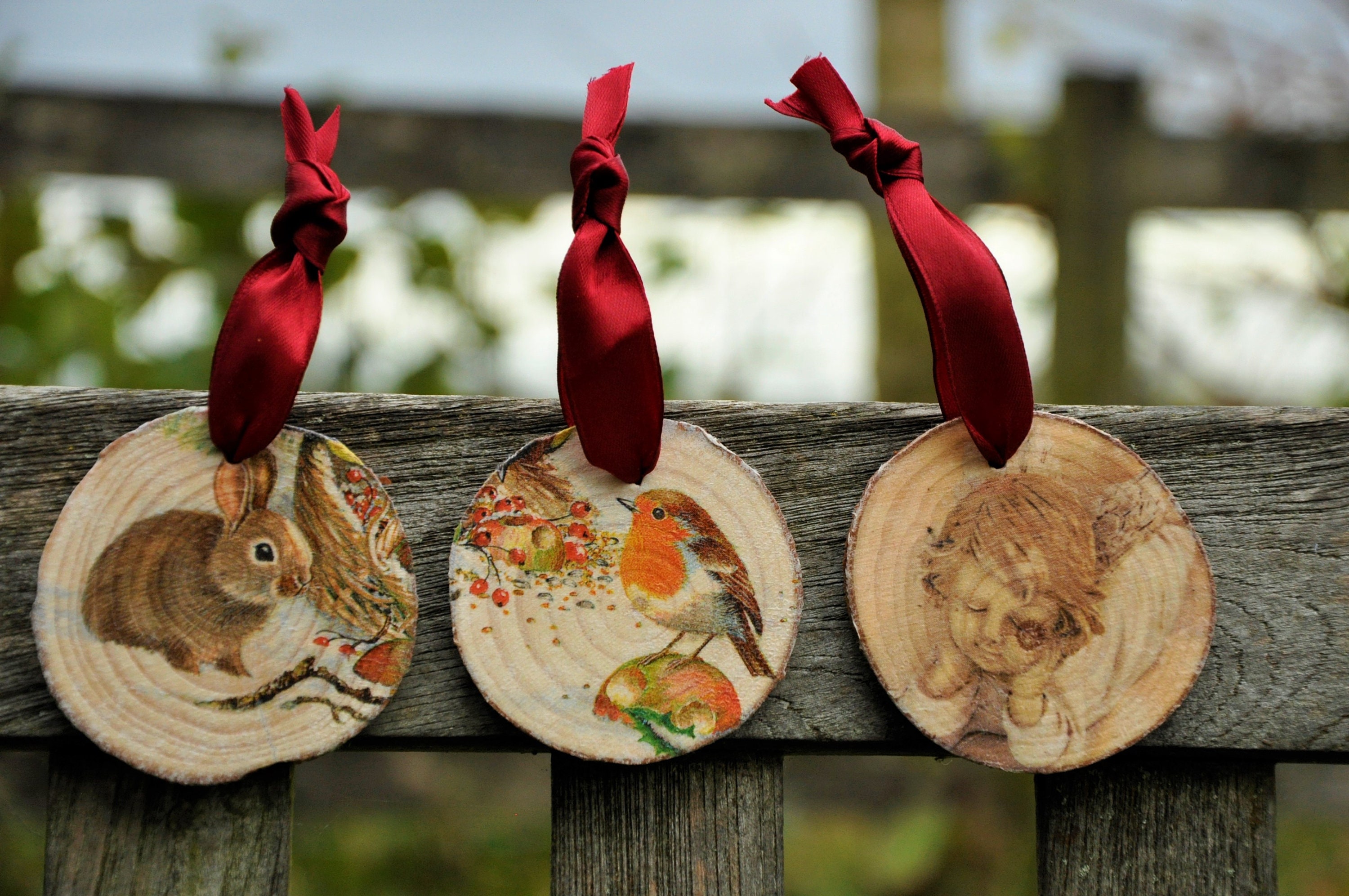 Rabbit Christmas Tree Hanging Wood Slice Set of 3 Christmas Ornaments