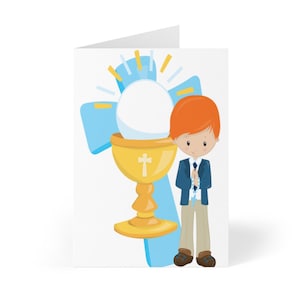 Redhead Boys First Holy Communion Card, Blank 1st Communion Card for Boys First Communion Gifts Religious Cards Christian Cross Chalice Red