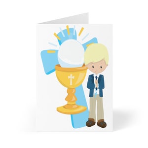 Blonde Boys First Holy Communion Card, Blank 1st Communion Card for Boys First Communion Gifts Religious Cards Christian Cross Chalice