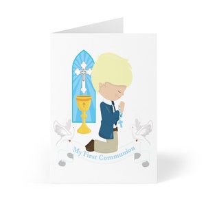 Blonde Boys First Holy Communion Card, Blank 1st Communion Card for Boys First Communion Gifts Religious Cards Christian Chalice Cross