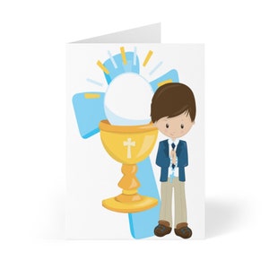 Boys First Holy Communion Card, Blank 1st Communion Card for Boys First Communion Gifts Religious Cards Christian Cross Chalice Brown Hair