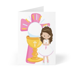 Karte zur ersten heiligen Kommunion, rosa Kreuz, Kelch, Kommunionkarte für Mädchen, Erstkommuniongeschenke, religiöse Karten, Christian, braun, Haar, Latein