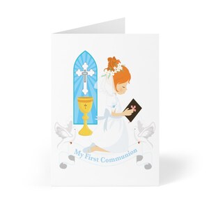 Redhead First Holy Communion Card, 1st Communion Card for Girls, First Communion Gifts Religious Cards Christian Church Chalice Bible Kids