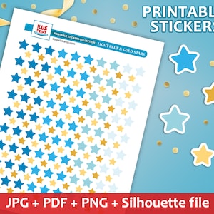 LIGHT BLUE & GOLD Stars Printable Stickers | Stars Planner Stickers | Light Blue Stars Stickers | Diary Deco Stickers | Journal Stickers