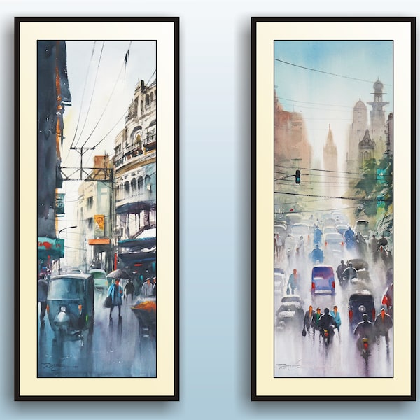 LAHORE KARACHI | Pakistan Streets Watercolor Painting Print only - No Frame | Panoramic | Set of Two | by Sarfraz Musawir