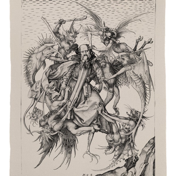 Martin Schongauer back patch - The Temptation of St Anthony, Medieval art, Saint Anthony Tormented by Demons, art back patch
