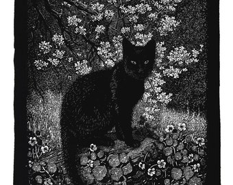 Lionel Lindsay back patch - The Witch, Black cat back patch, Witch back patch, vintage illustration, cat wood engraving, black and white art