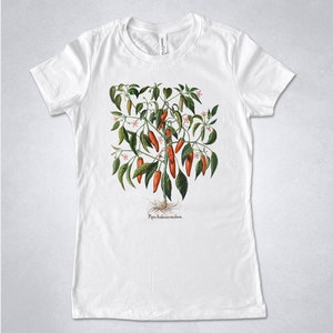 Red Chili Pepper plant shirt, Red Hot Chili Peppers t-shirt, Vintage Pepper plant print, Botanical shirt, Piper illustration, Pepper shirt Women White slim fit
