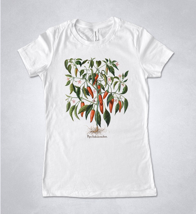 Red Chili Pepper plant shirt, Red Hot Chili Peppers t-shirt, Vintage Pepper plant print, Botanical shirt, Piper illustration, Pepper shirt Women White slim fit