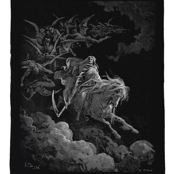 Écusson au dos Gustave Dore - Vision de la mort, mort sur le cheval pâle art dos patch, Apocalypse, Illustration de la Bible Gustave Dore