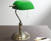 Traditional Banker s Lamp, Antique Style Emerald Green Glass Desk Light Fixture, Satin Brass Finish, Metal Beaded Pull Cord Switch Attached