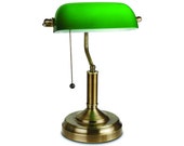 Traditional Banker s Lamp, Antique Style Emerald Green Glass Desk Light Fixture, Satin Brass Finish, Metal Beaded Pull Cord Switch Attached