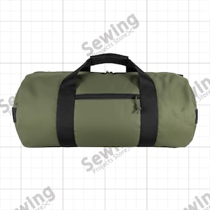 Puede incluir: Bolsa de lona verde oliva con asas negras y un bolsillo frontal con cremallera. La bolsa cilíndrica está diseñada para transportar artículos. Las asas están reforzadas con tela negra. Adecuada para viajes o deportes. Dimensiones no visibles.