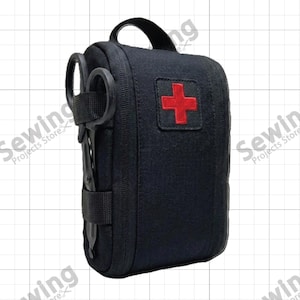 Puede incluir: Botiquín negro con un parche de cruz roja y un asa negra. Incluye unas tijeras médicas negras sujetas en el lateral con una correa negra. El kit está diseñado para guardar suministros médicos.