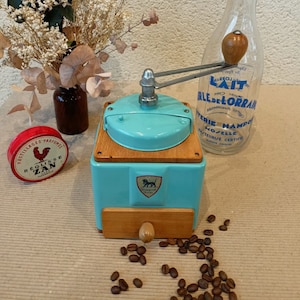 Superb old PEUGEOT coffee grinder in turquoise blue lacquered steel