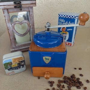 Superb old PEUGEOT coffee grinder in blue lacquered steel