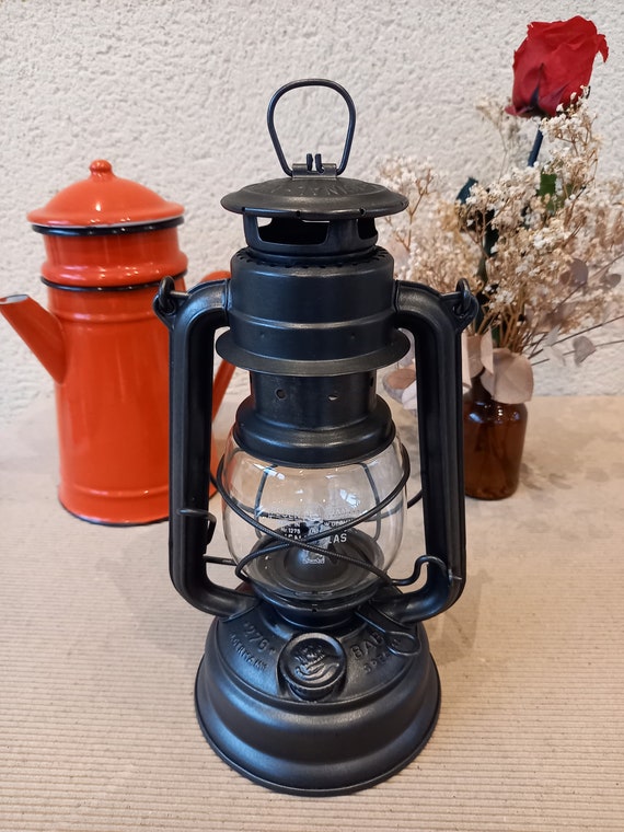 Lampe tempête métal patiné rétro galvanisée pétrole