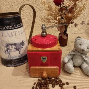 Superb old PEUGEOT coffee grinder in red lacquered steel