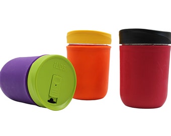 Vaso para llevar tipo tarro de cristal de 473 ml: Tapa de boca ancha + Funda de silicona