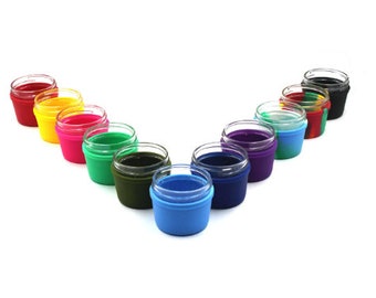 May include: A set of ten colorful silicone containers with glass jars inside. The containers are arranged in a V-shape on a white background.
