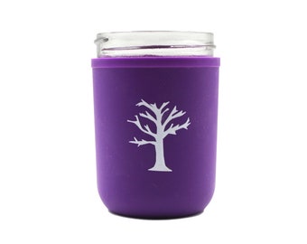 Funda de silicona para frascos Mason de boca regular de 8 oz; soporte aislante para frascos Mason con diseño de árbol; apto para lavavajillas y microondas.