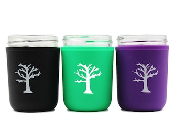 Funda de silicona para frascos Mason de boca regular de 8 oz; soporte aislante para frascos Mason con diseño de árbol; apto para lavavajillas y microondas.
