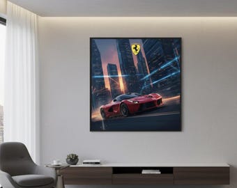 May include: Framed artwork featuring a red sports car speeding down a city street at dusk. The car has a sleek design and is set against a backdrop of tall buildings and a vibrant sunset. The Ferrari logo is visible.