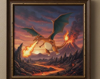 May include: Framed artwork featuring a Charizard, a fiery orange dragon, spewing flames. The artwork depicts a volcanic landscape with a fiery river and a volcano erupting in the background. The sky is a mix of orange, red, and blue.