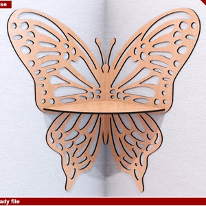Étagère papillon 2 tailles fichier découpé au laser, plan CNC d'étagère d'angle, étagère d'affichage svg, modèle de décoration murale papillon, étagère svg unique