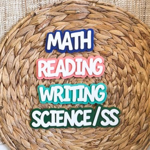 May include: Colorful school subject labels: "MATH" in blue, "READING" in pink, "WRITING" in teal, and "SCIENCE/SS" in green, all with white lettering. The labels are arranged on a woven, circular placemat.